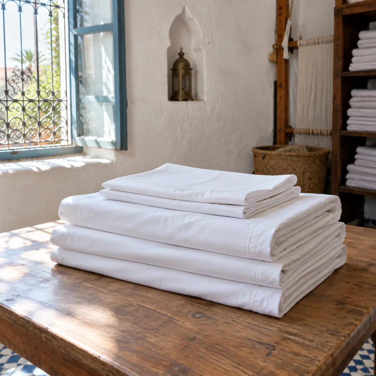 Pile de draps blancs pliés, lumière rasante sur la pierre
