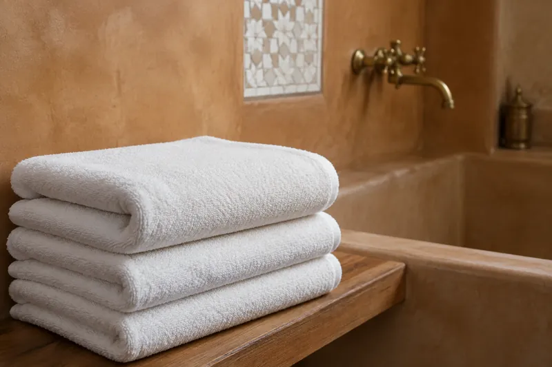 White bath towels folded on a wooden ledge in a Moroccan bathroom