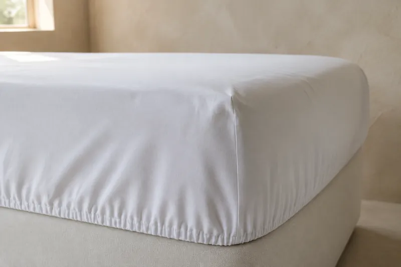 White fitted sheet stretched over a mattress corner, deep hem visible