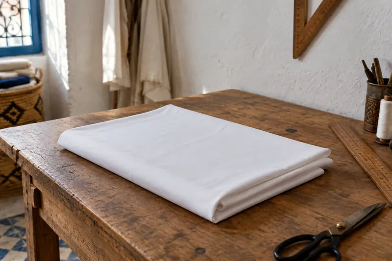 Drap plat blanc repassé et plié sur une table d'atelier à Marrakech