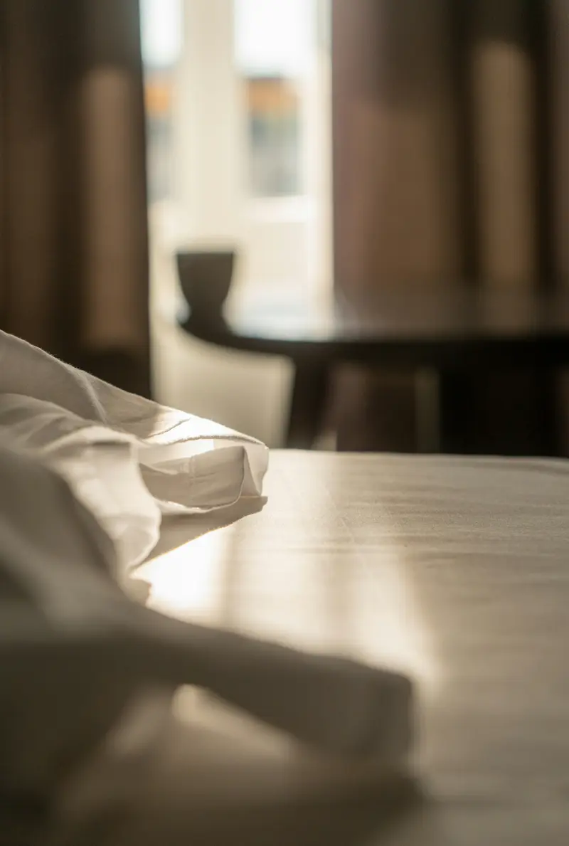Drap blanc plié posé sur une table en bois éclairée par le soleil