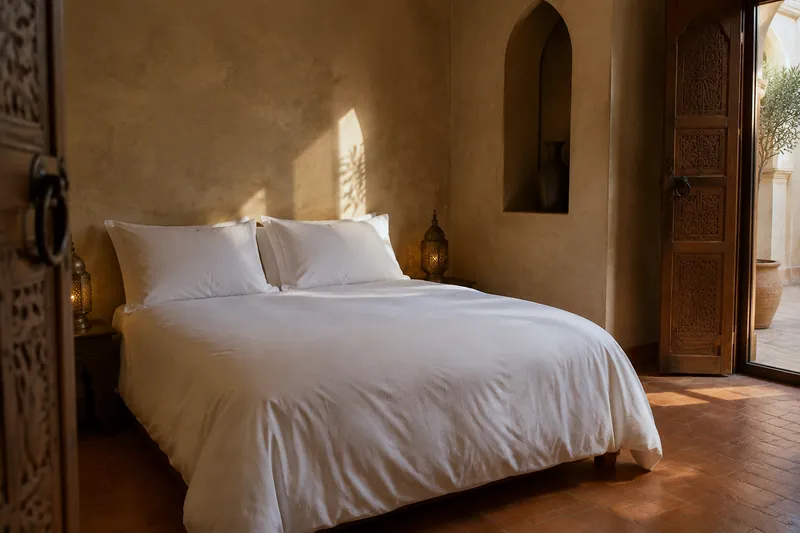 White duvet cover on a riad bed with tadelakt walls