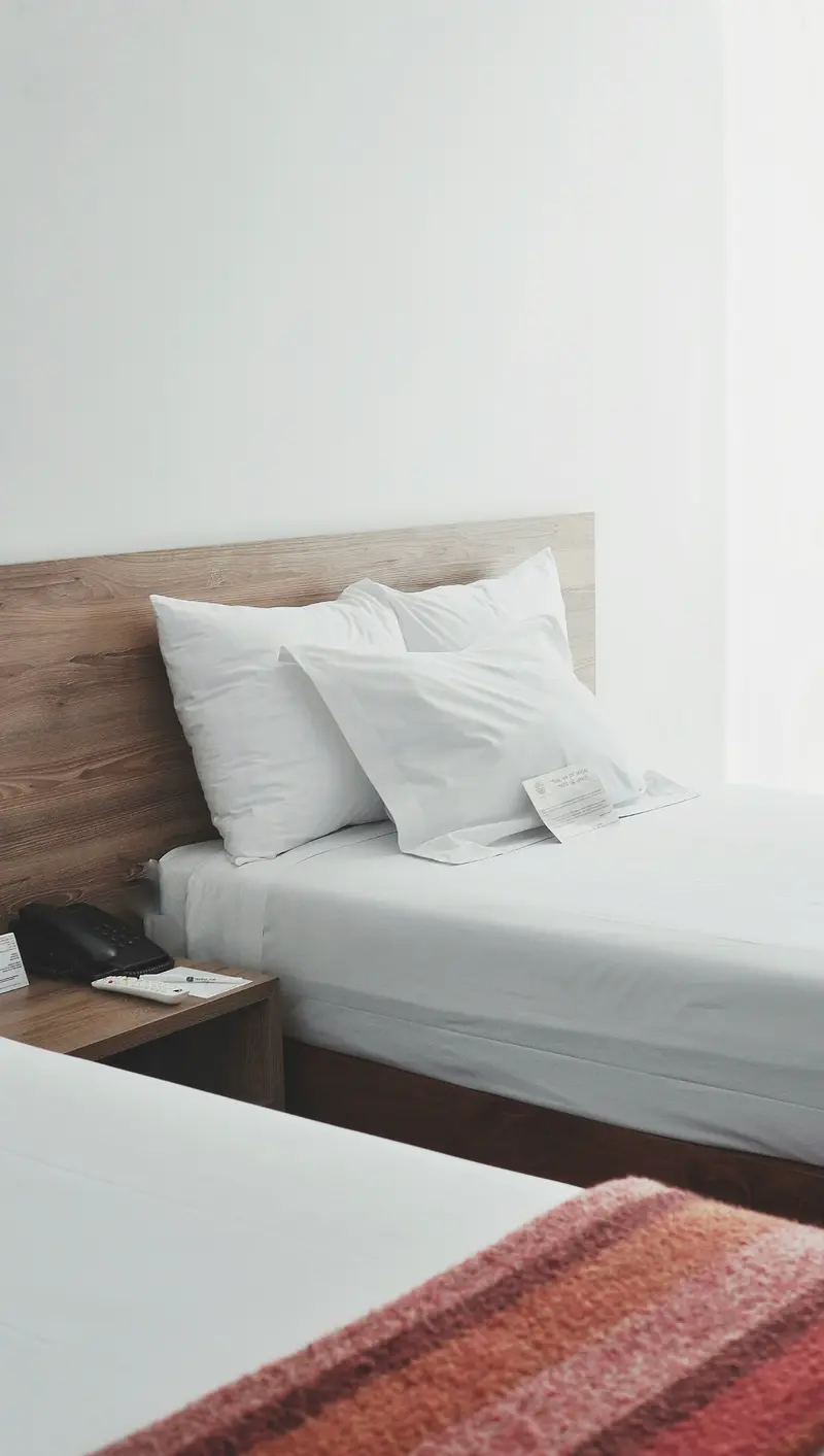 Drap-housse blanc bien tendu sur un lit d'hôtel à tête de lit en bois clair