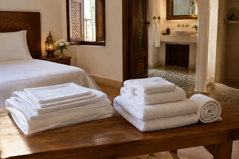 Suite Chambre & Bain 160 : linge blanc plié, 7 pièces