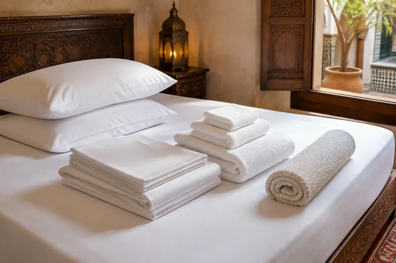 Suite Chambre & Bain 180 : linge blanc plié, 7 pièces